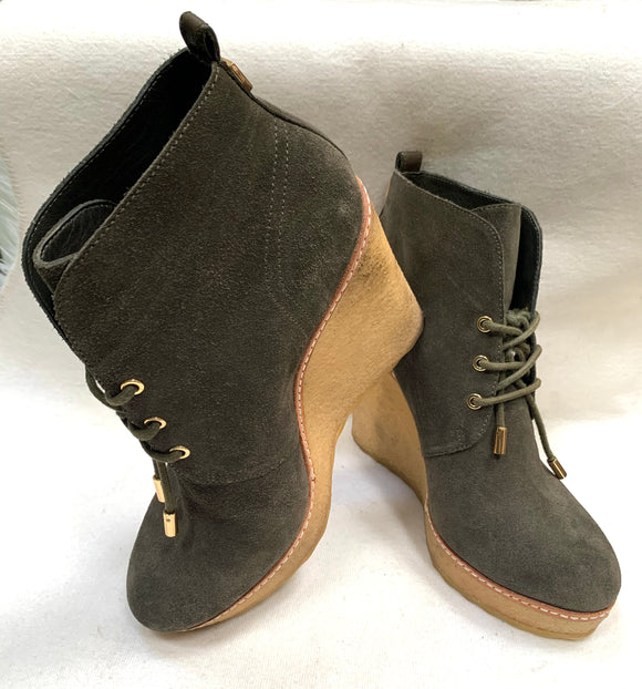 TORY BURCH OLIVE GREEN WEDGE BOOTIES
